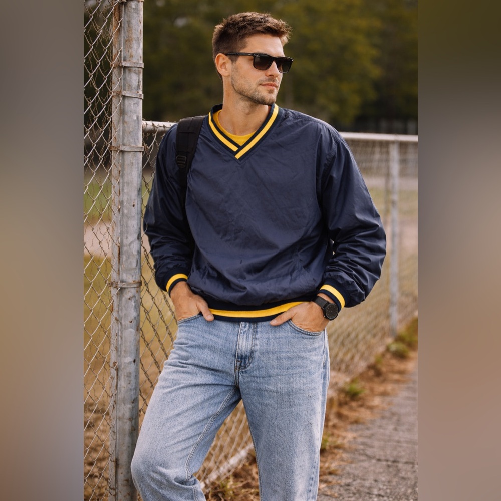Vintage Rawlings Pullover Windbreaker Jacket Mens Large Blue Yellow V‎ Neck